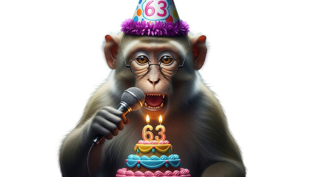 Funny monkey celebrating 63rd birthday with cake and microphone, chimpanzee wearing party hat and glasses, 63 years old anniversary celebration PNG