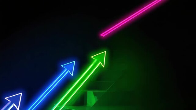 Neon arrow growth upward diagonal dark background vibrant pink blue green conveying dynamic energy