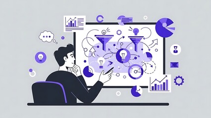 Visualizing Business Strategy Man Analyzing Data Funnels and Marketing Analytics on an Interactive Screen, Driving Innovation and Process Optimization Ideas