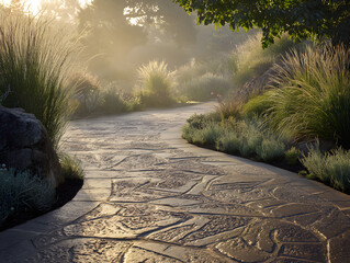 Serene Stone Path with Green Grass and Sunlight in Foggy Garden
