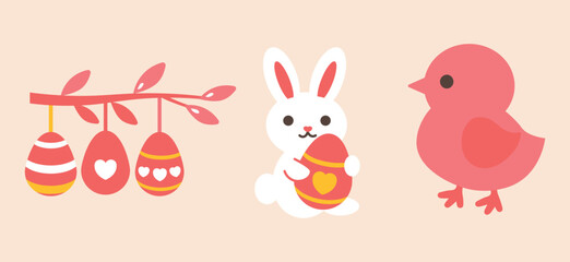 Obraz premium Cute Easter set. Spring collection Easter bunny, chick, egg, willow branch. For poster, card, scrapbooking , stickers. Flat style. Eps10