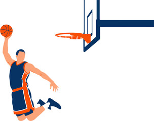 Basketball player in mid-air attempting a slam dunk over a white background, dynamic sports action