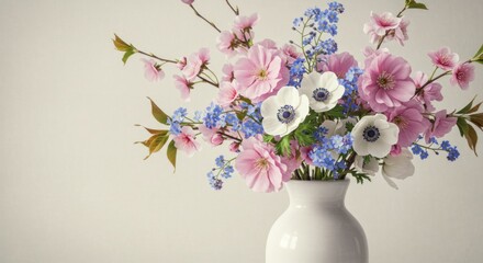 Floral arrangement of pink blue and white flowers in a white vase against a neutral background