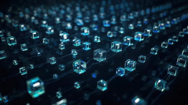 Futuristic network cube glass technology digital data of glowing translucent cubes connected by