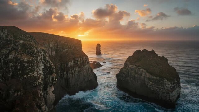 Golden sunset over rugged cliff and rock coastline with ocean, sea and dramatic clouds