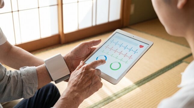 Elderly person using wearable blood pressure monitor and tablet in a traditional Japanese room for heart rate tracking.