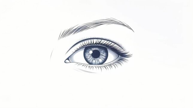 A detailed and elegant hand-drawn illustration of a human eye with a striking blue iris, featuring delicate eyelashes and a subtly defined eyebrow.