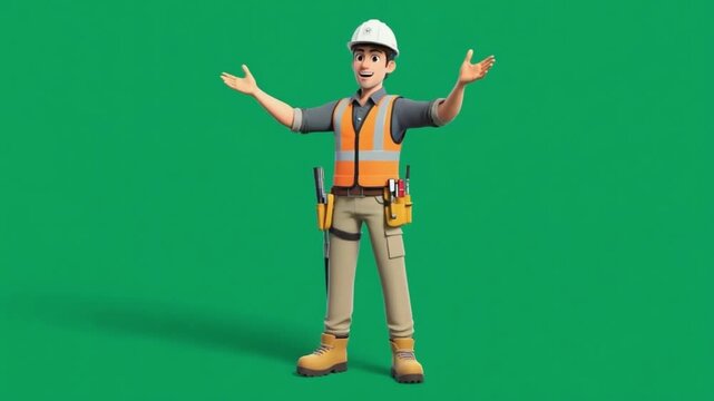 Friendly construction worker in safety gear presenting with open arms