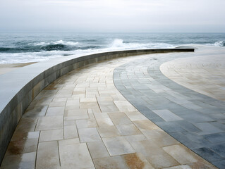 Coastal Walkway with Stone Pavement and Ocean View on Overcast Day