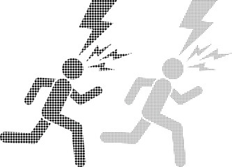 Two stylized human figures running rapidly under lightning bolts, suggesting stress, conflict, or intense competition.