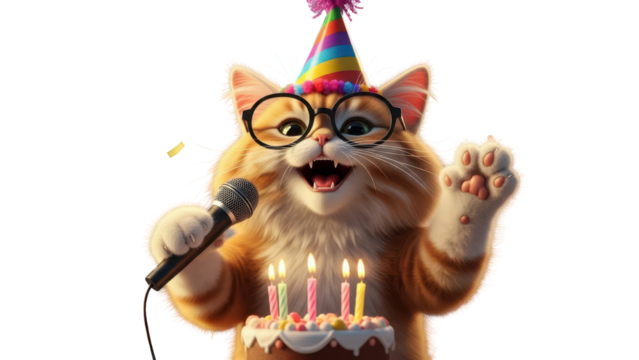 Cute Orange Cat Wearing Party Hat and Glasses Singing with Microphone at Birthday Celebration isolated PNG with Transparent Background - Powered by Adobe