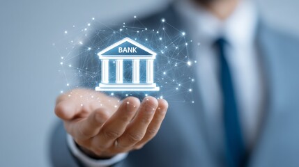 A businessman presents glowing icons of online banking while standing confidently in a modern office. The image captures the innovative essence of digital finance in a professional environment