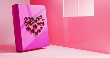 Diamond embeded on a pink book, love shapes diamond, Book with diamond in a pink rooms background