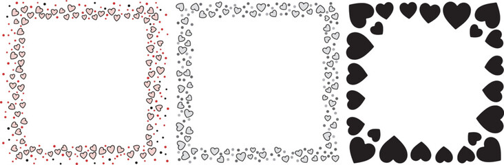 Three decorative square border designs featuring small repetitive patterns and heart silhouettes for framing content.