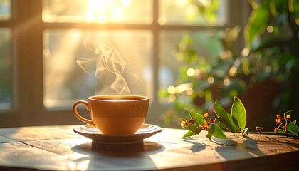 Morning coffee cup with sunlight streaming through the window.