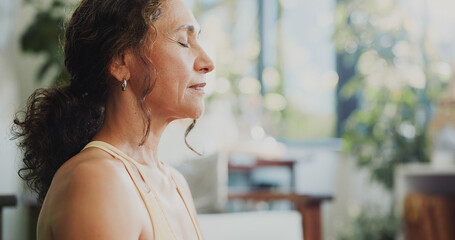 Calm woman, meditation and home with breathing exercise for spiritual wellness or health. Female...