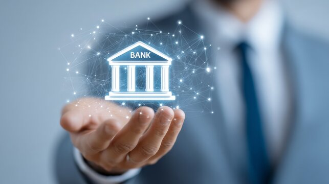 A businessman presents glowing icons of online banking while standing confidently in a modern office. The image captures the innovative essence of digital finance in a professional environment - Powered by Adobe