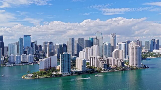 Cityscape of Miami downtown. Florida modern skyscraper in downtown Miami. City skyline. Aerial view of Miami cityscape skyscraper. City skyline aerial cityscape. Brickell Key downtown