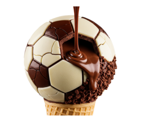 Decadent Chocolate Football Dessert with Liquid Cocoa Pouring into an Edible Soccer Ball Sphere on a Crispy Wafer Cone on Transparent (PNG) Background