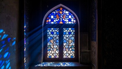 Stained Glass Window with Intricate Geometric Patterns and Light Reflections.