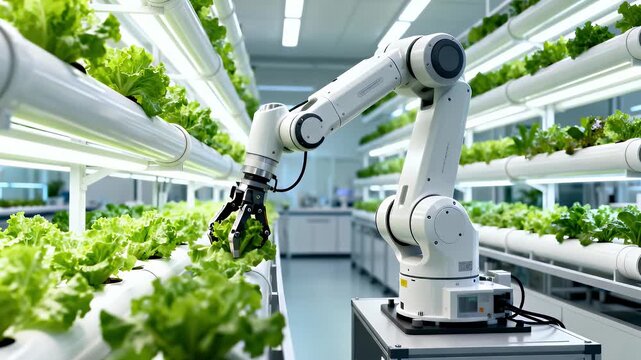 A robotic arm tending to rows of green leafy vegetables in a modern indoor vertical farm with hydroponic systems and artificial lighting.