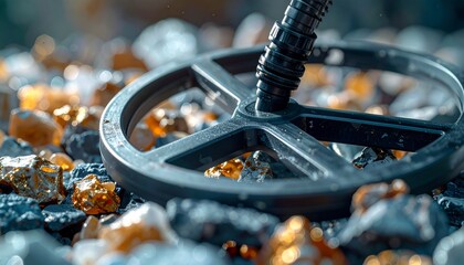 Metal detector searching for gold nuggets in rocky terrain.