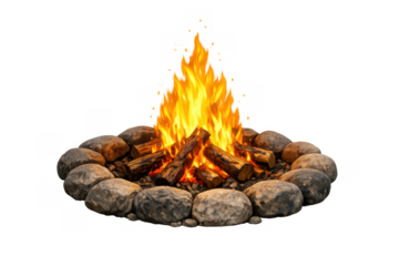 Campfire burning logs surrounded by rocks in a fire pit, providing warmth and light for outdoor evening camping, transparent background
