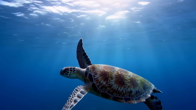 Majestic Sea Turtle Swimming Gracefully Underwater in Clear Blue Ocean Light. Seamless looping 4k video background 