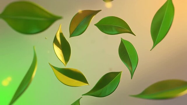 Vibrant green leaves gracefully falling and swirling in a circular pattern against a soft gradient background.
