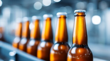 A busy brewery features a conveyor line filled with gleaming beer bottles ready for packaging. The scene captures the heart of the brewing process, showcasing the amber glass and bright caps