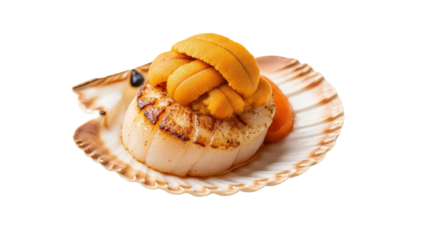 Grilled Scallop with Sea Urchin (Uni) Product Shot in Shell isolated PNG with Transparent Background
