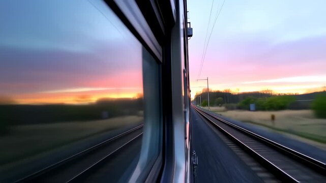 experience the magic of train travel at sunset with this immersive point of view shot along the tracks reflecting a sky painted with vibrant hues
