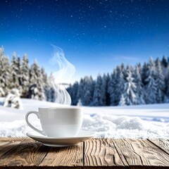 Steaming white cup on wood table, snowy landscape and starry sky