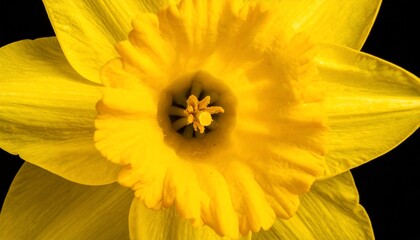 Close-up of a vibrant yellow flower with a ruffled trumpet and petal details against black