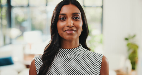 Happy, portrait and businesswoman in office with confidence for finance career opportunity. Smile,...