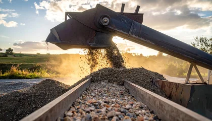 Crushed stones being poured from a conveyor belt into a container outdoors. © avivmuzi