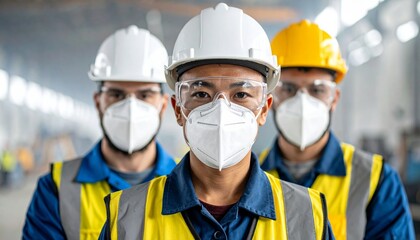 Fototapeta premium Three construction workers wearing safety gear and protective masks in an industrial setting.