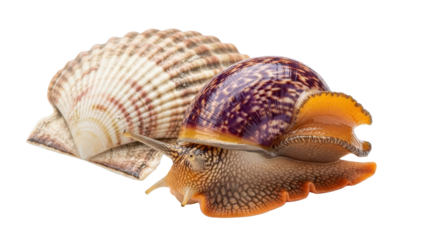 Live Snail with Purple Patterned Shell and Striped Seashell isolated PNG with Transparent Background