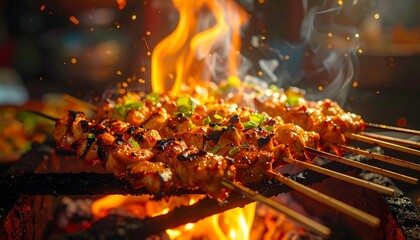 Delicious Chicken Satay Skewers Grilling Over Open Flames.