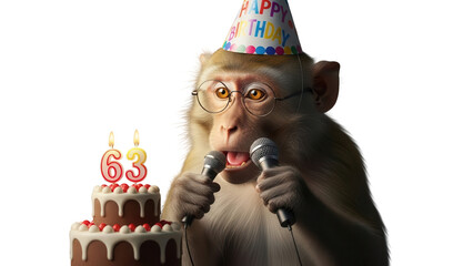 Funny Monkey Wearing 'Happy Birthday' Hat and Glasses, Singing with Microphones by 63rd Birthday Cake isolated PNG with Transparent Background