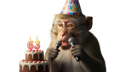 Funny Monkey Wearing 'Happy Birthday' Hat and Glasses, Singing with Microphones by 63rd Birthday Cake isolated PNG with Transparent Background