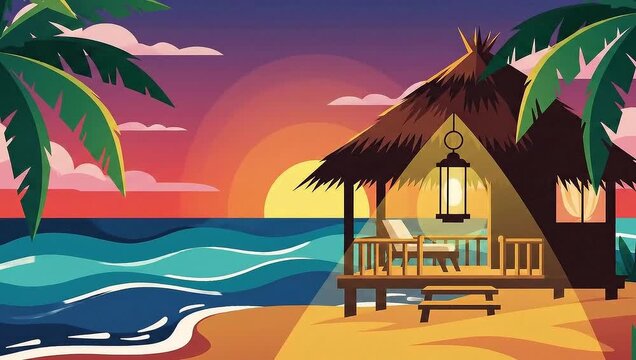 Tropical Beach Hut at Sunset - A Relaxing Vacation Getaway.