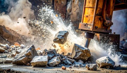 Heavy machinery breaking concrete with hydraulic hammer.