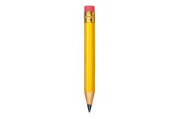 Yellow wooden pencil with sharpened graphite tip and pink eraser, standing vertically, ready for writing or drawing