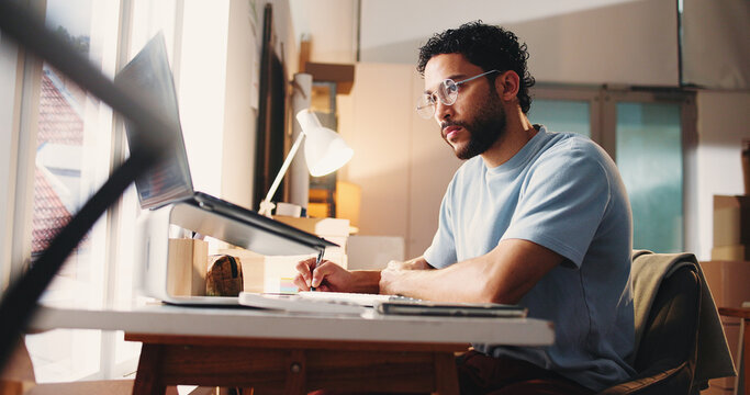 Ecommerce, reading or man with laptop in office, check product feedback or notes to improve merchandise. Small business, customer opinion or entrepreneur on review site for research, pc or planning