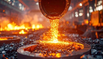Molten metal being poured into a mold in an industrial foundry setting.
