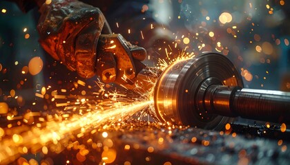 Industrial metal grinding process with sparks flying.