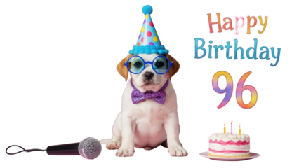 Cute Puppy in Party Hat, Glasses, Bow Tie with Birthday Cake and 'Happy Birthday 96' Text isolated PNG with Transparent Background