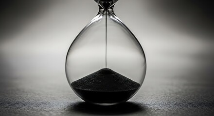 hourglass with black sand on gray surface