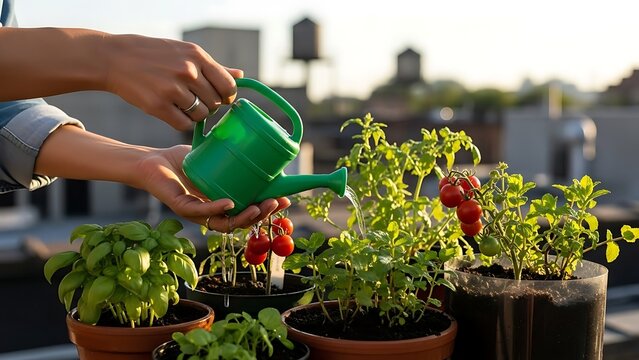 Hands watering tomato plants and basil on a rooftop garden watering can green watering can - Powered by Adobe